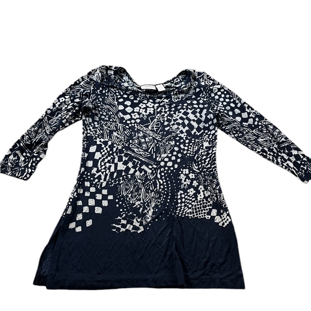 Chico’s Travelers Womens Blue White Geometric Tunic 3/4 Sleeve Shirt Size Small
